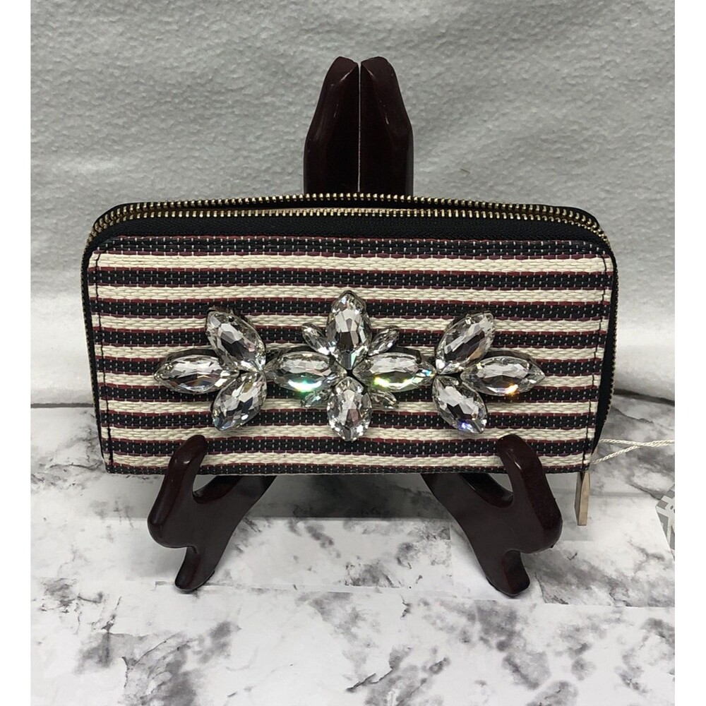 Deux Lux Ravello Wallet Off White Blue Stripe Rhinestone Bling Glam Statement
